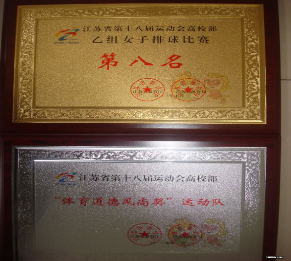 我院女子排球队在江苏省第十八届运动会中第八名和体育道德风尚奖获奖奖牌.jpg